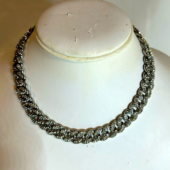 16” Rhinestone Unisex Cuban Link Necklace.  Stainless Steel Silver Tone. NWT - Picture 1 of 6